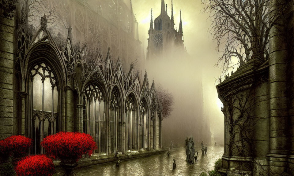 Gothic cathedral ruins with misty atmosphere and red flowers
