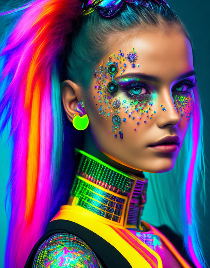 Colorful Rainbow Hair and Artistic Makeup on Teal Background