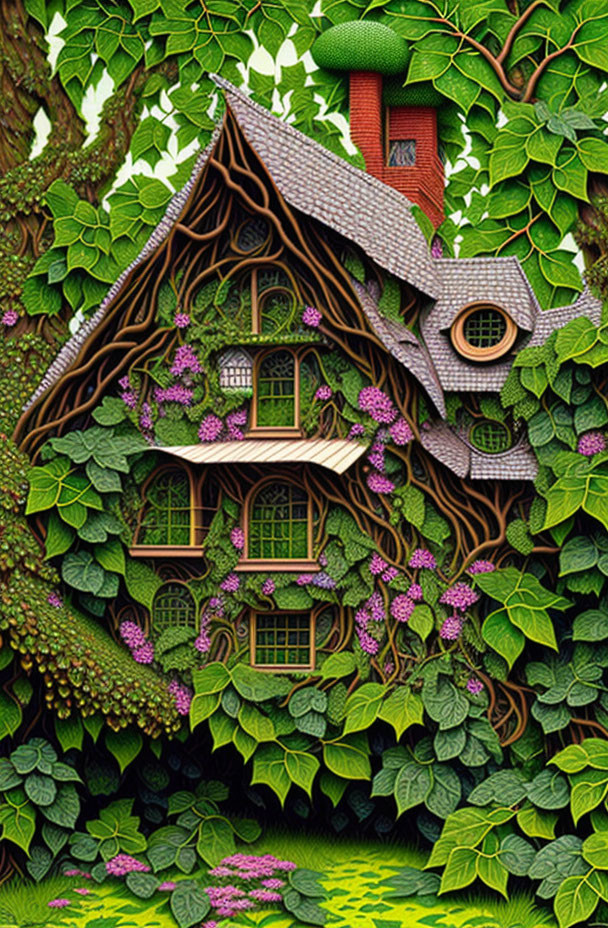 Illustration of whimsical fairy tale house in lush greenery
