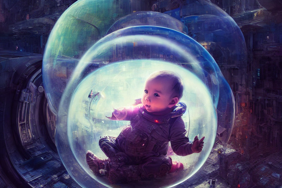 Baby in spacesuit in protective bubble with futuristic cityscape background and tiny spaceship.
