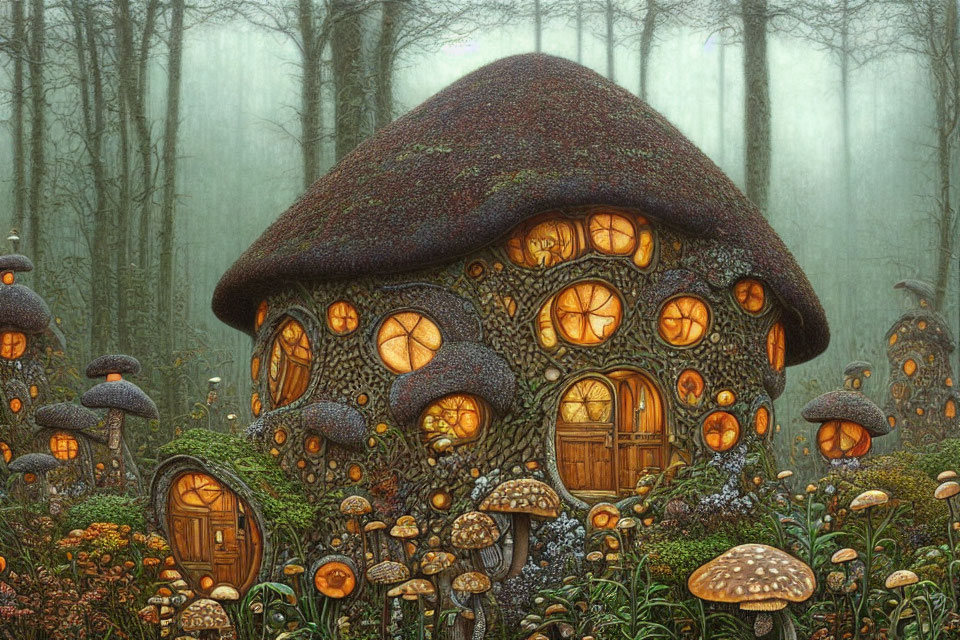 Whimsical mushroom-shaped cottage in misty forest