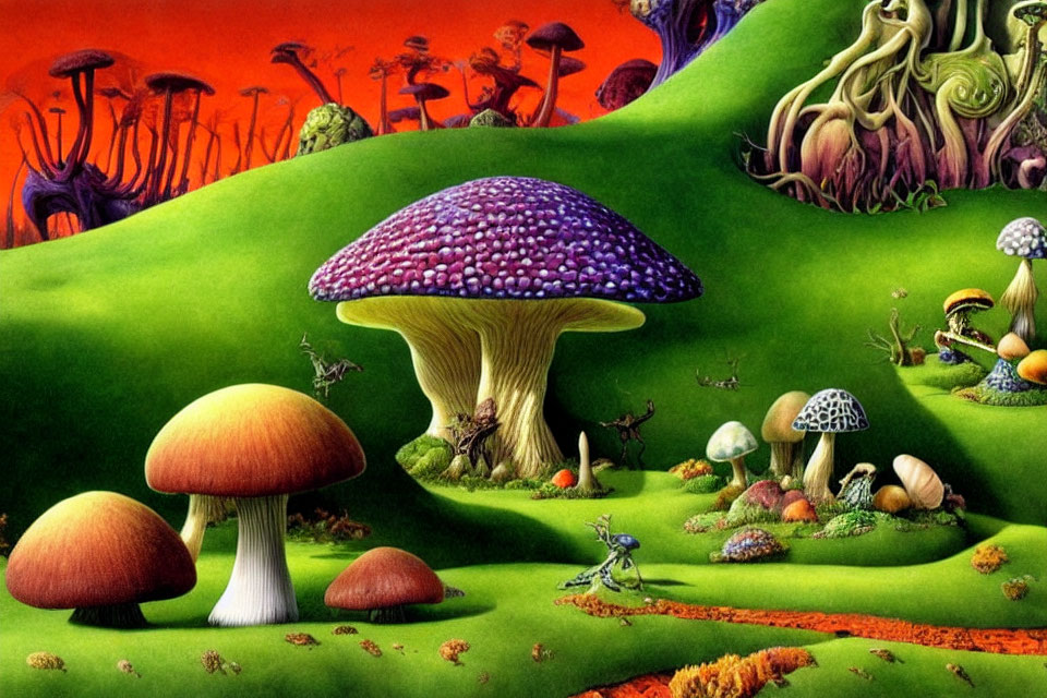 Vibrant fantasy landscape with whimsical mushrooms under orange sky