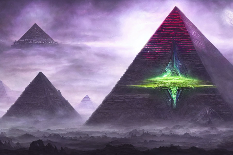Futuristic landscape with glowing pyramids under purple sky