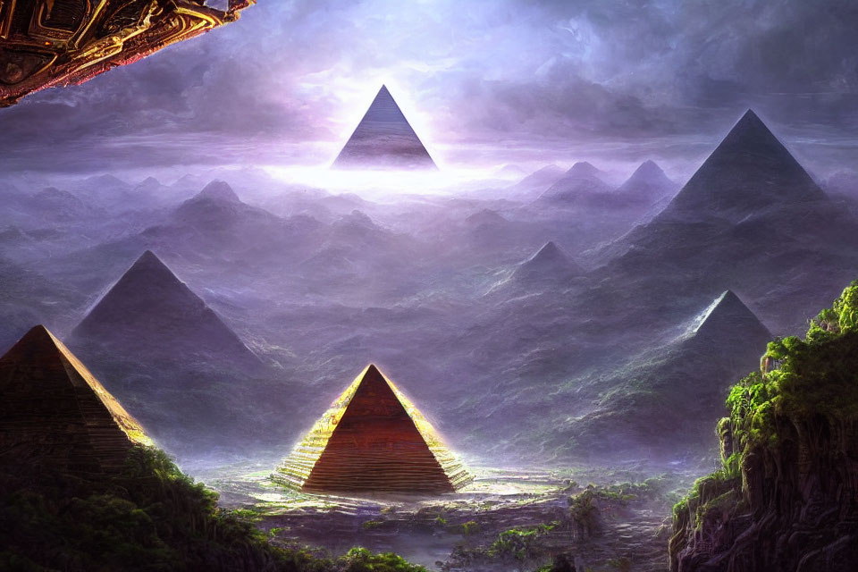 Fantastical illuminated pyramids in misty mountain landscape