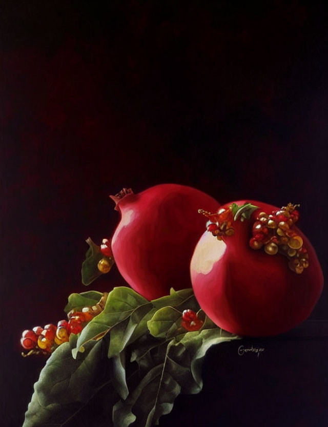 Ripe pomegranates, red currants, and green leaves on dark background