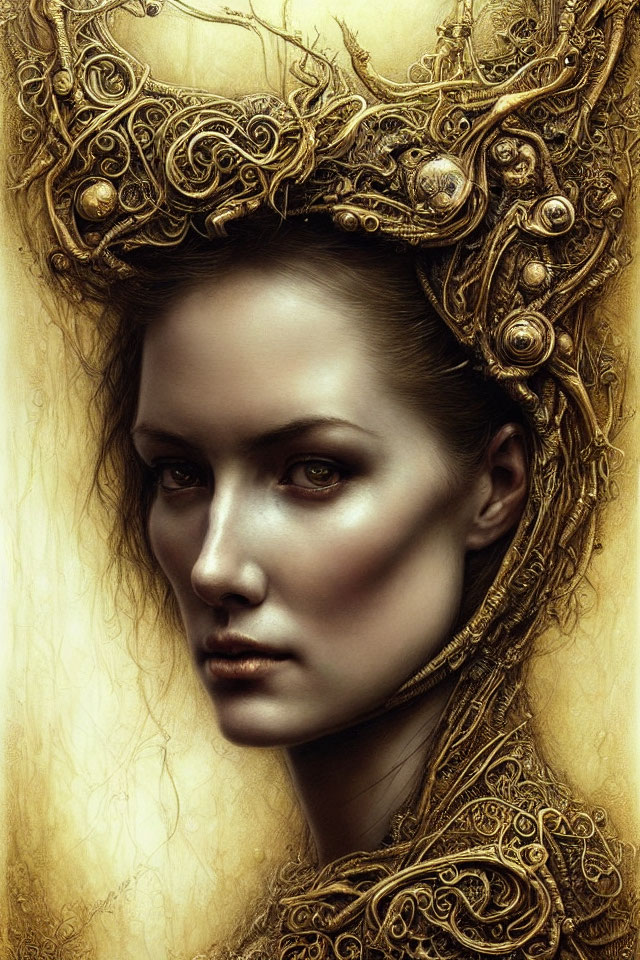 Elaborate golden headdress on woman against yellow background