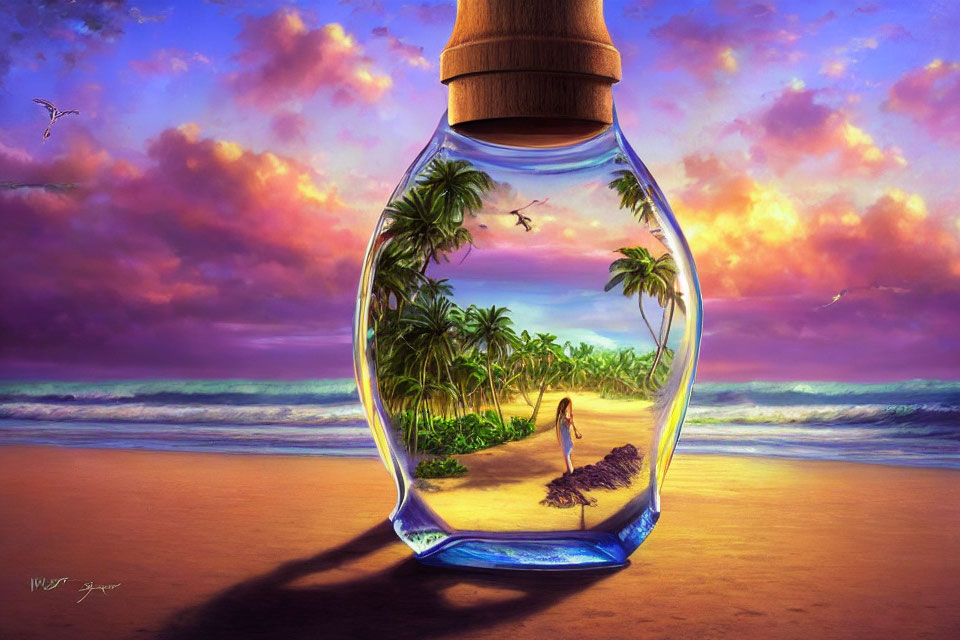 Surreal beach scene with glass bottle framing sunset and lone figure