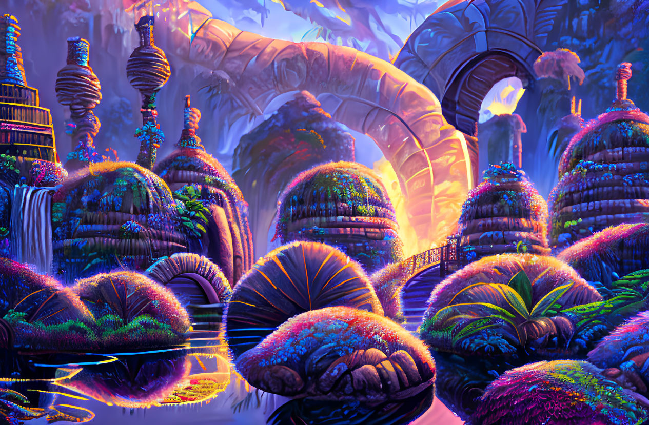 Fantasy Landscape with Mushroom Structures and Glowing Archway