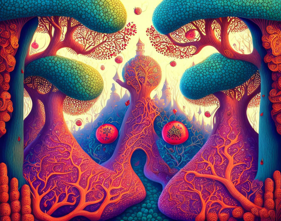 Vibrant surreal forest with mushroom-like trees and whimsical structure