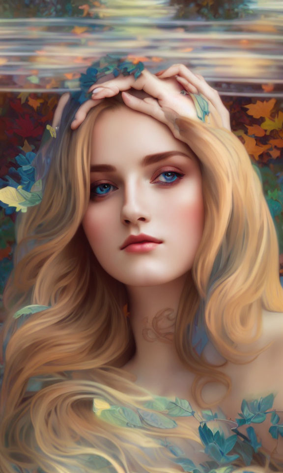 Portrait of woman with long blonde hair, blue eyes, leaf crown, against colorful autumn background