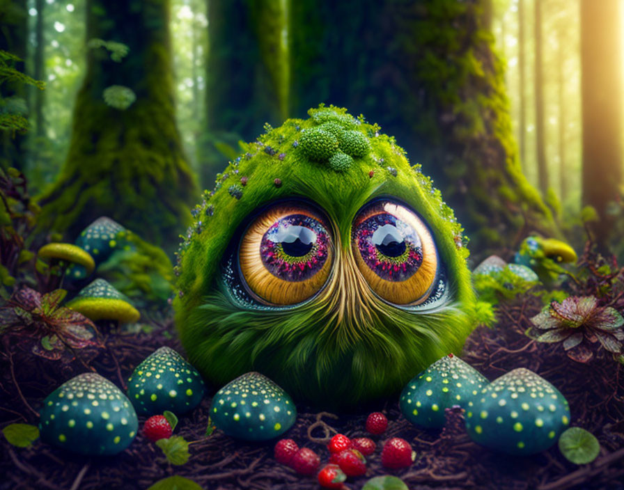 Colorful forest creature surrounded by vibrant mushrooms and foliage