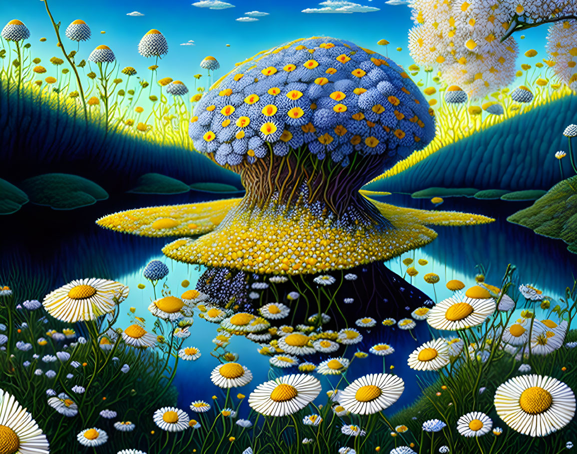 Fantastical landscape with oversized mushroom-shaped daisies in lush surroundings