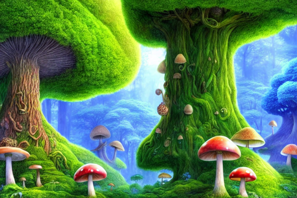 Colorful Animated Forest Scene with Oversized Mushrooms and Lush Green Trees