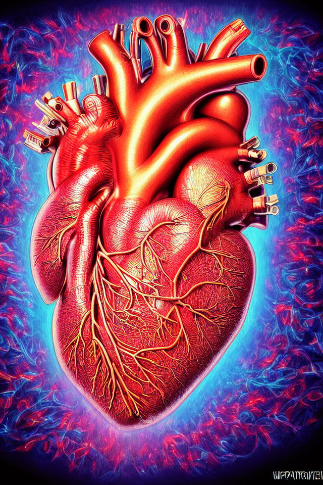 Detailed Human Heart Illustration on Textured Blue and Purple Background
