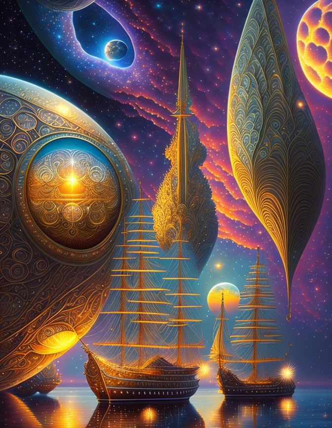 Fantasy artwork of ornate ships sailing under a starry sky with celestial bodies and alien-like structures