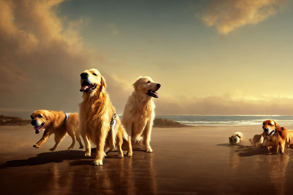 Three Golden Retrievers and a Small White Dog on Beach at Sunset