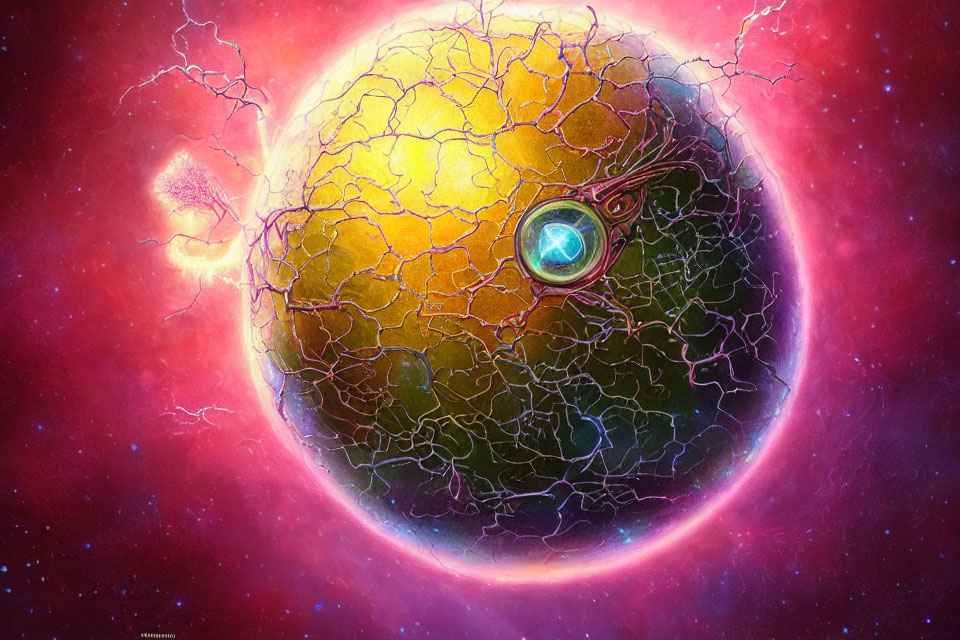 Colorful Digital Artwork: Cracked Sphere with Celestial Illumination