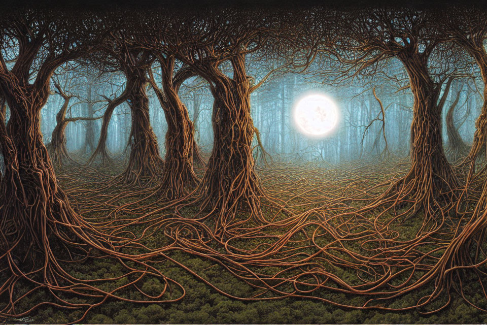 Mystical forest scene with glowing moon in misty background