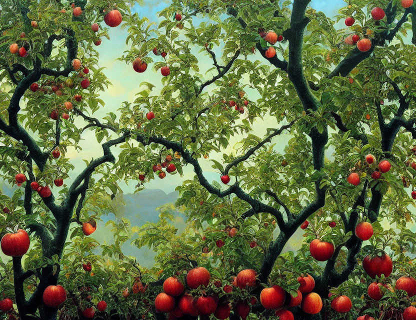 Vivid painting of lush apple trees with red apples and distant mountains