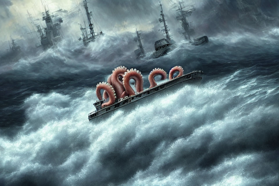 Stormy Sea Scene with Giant Octopus Tentacles