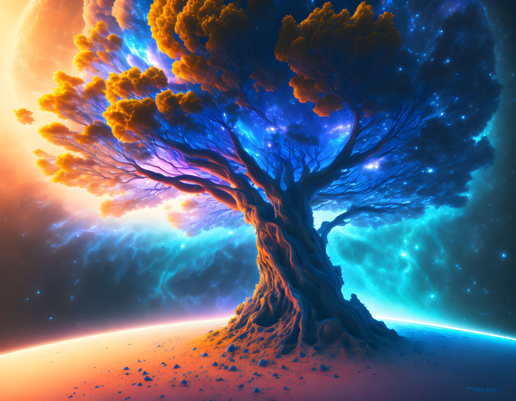 Colorful digital artwork: Cosmic tree with blue and orange canopy against starry backdrop