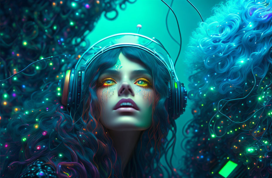 Vibrant makeup woman with headphones in futuristic neon-lit setting