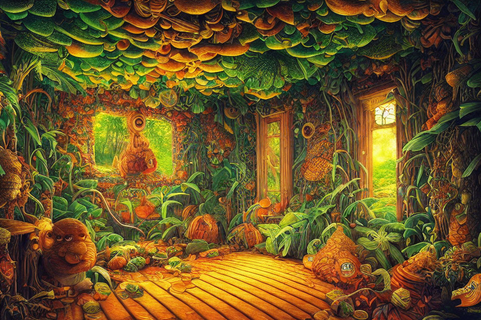Fantastical room with green plants, pumpkins, and wooden elements