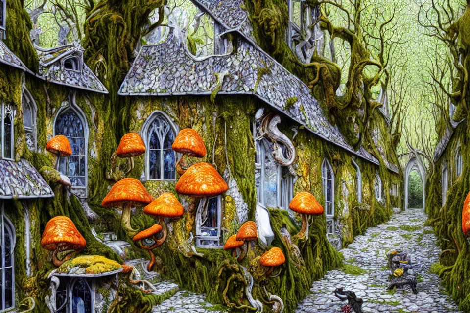 Fantastical tree house illustration with cobblestone path