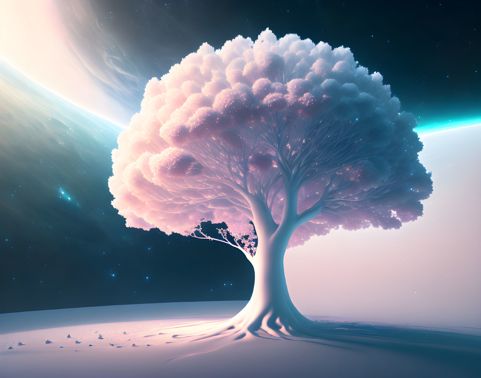 Colorful digital artwork: Solitary tree under cosmic sky with roots and floating particles