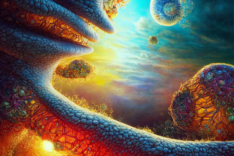 Intricately textured swirling structures in vibrant sunset landscape
