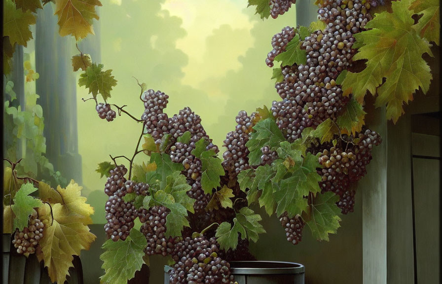 Ripe Purple Grapes Among Green Leaves on Soft Yellow-Green Background