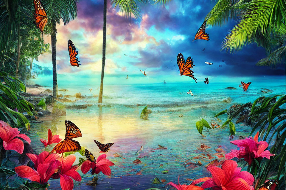 Tropical beach sunset with butterflies, palm trees, hibiscus, and people