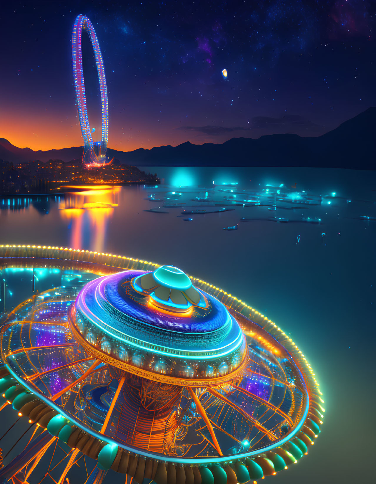 Futuristic neon-lit cityscape with glowing ferris wheel at night