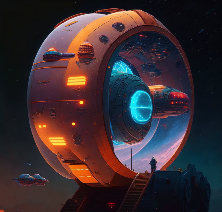 Futuristic spherical spaceship with blue engines above platform under starry sky