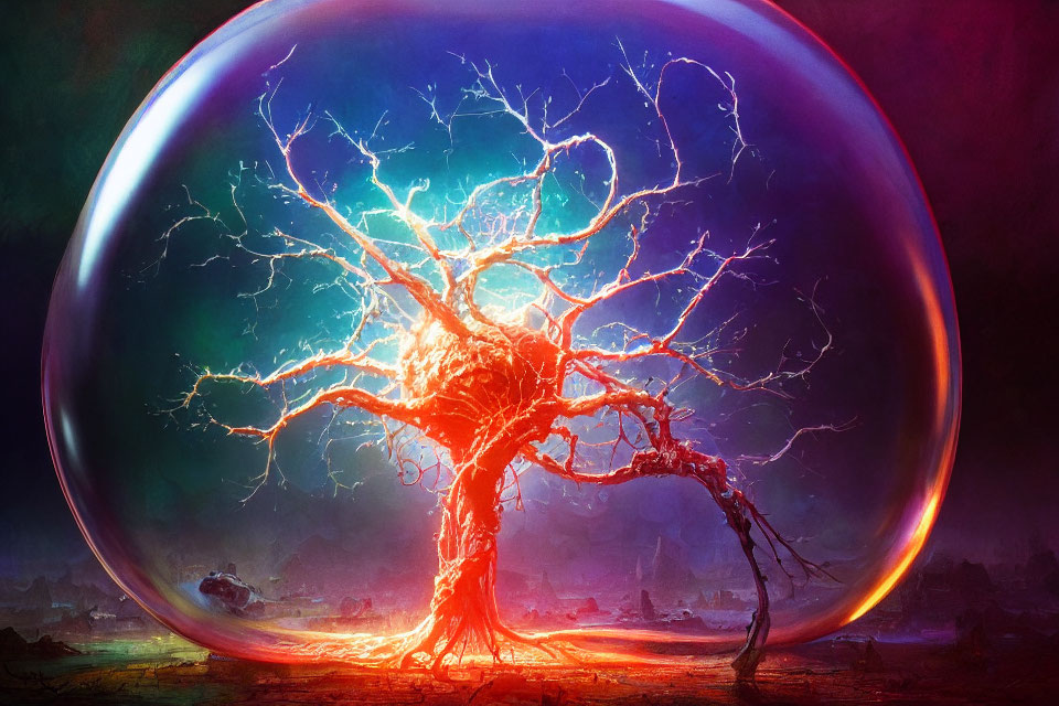 Luminous tree with lightning branches in glowing bubble on mystical landscape