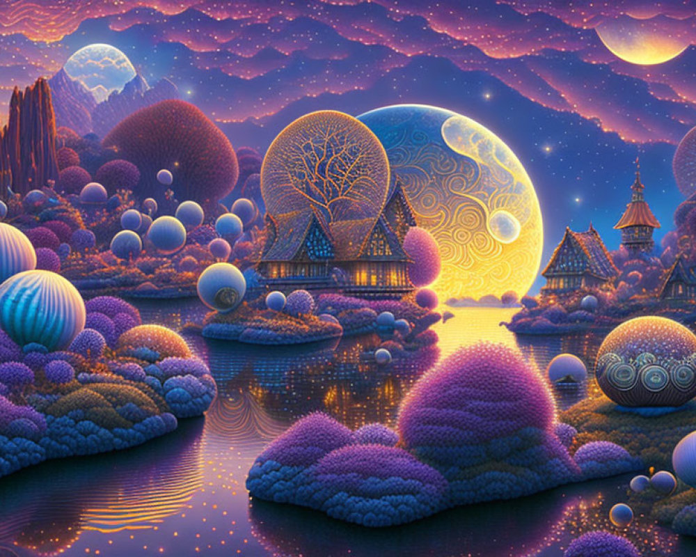 Fantasy landscape at night with unique structures and dual moons