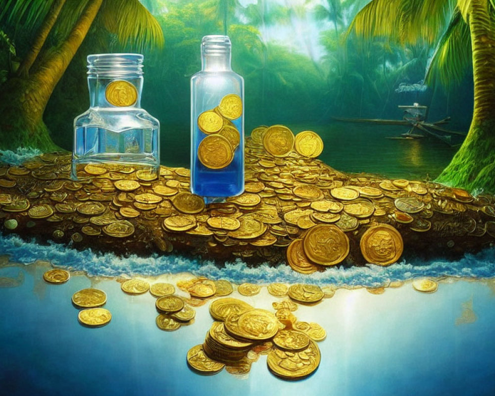 Fantastical scene: gold coins, ship in a bottle, lush jungle.