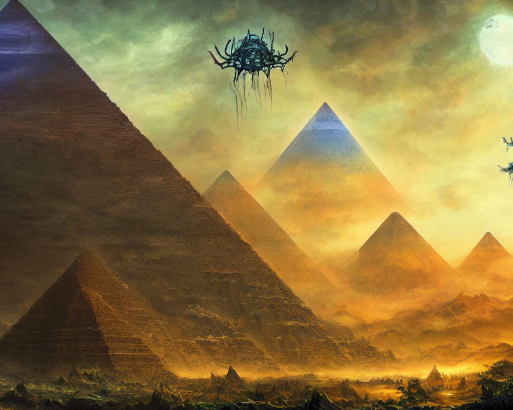 Futuristic pyramids and alien ships under ominous sky
