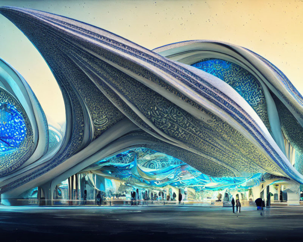 Futuristic organic-shaped building with glowing blue elements at twilight