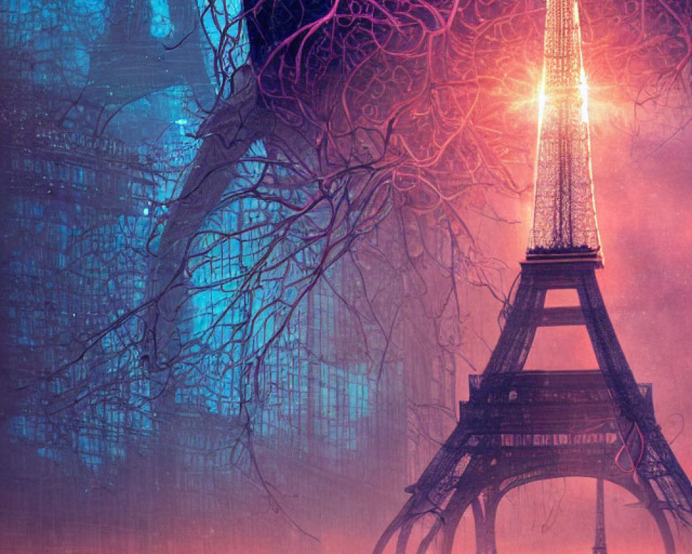 Futuristic Eiffel Tower with vivid blue and pink hues in twilight sky
