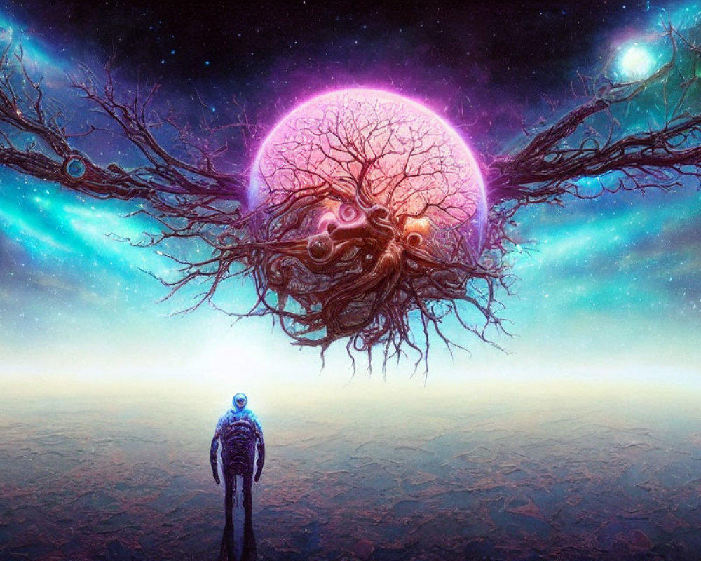 Person observing vibrant pink nebula forming tree silhouette in cosmic scene