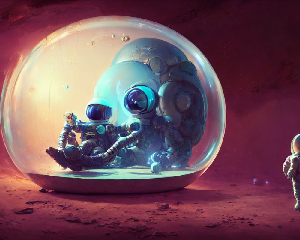 Astronaut and bubble-helmeted robot in red alien landscape