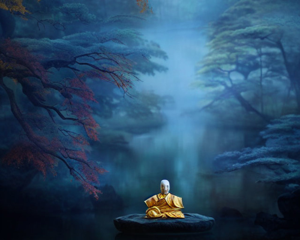 Monk meditating in misty blue forest with autumn leaves