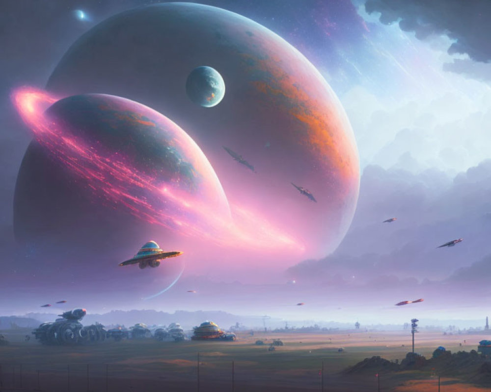 Giant planets, spaceships, and serene countryside in surreal landscape
