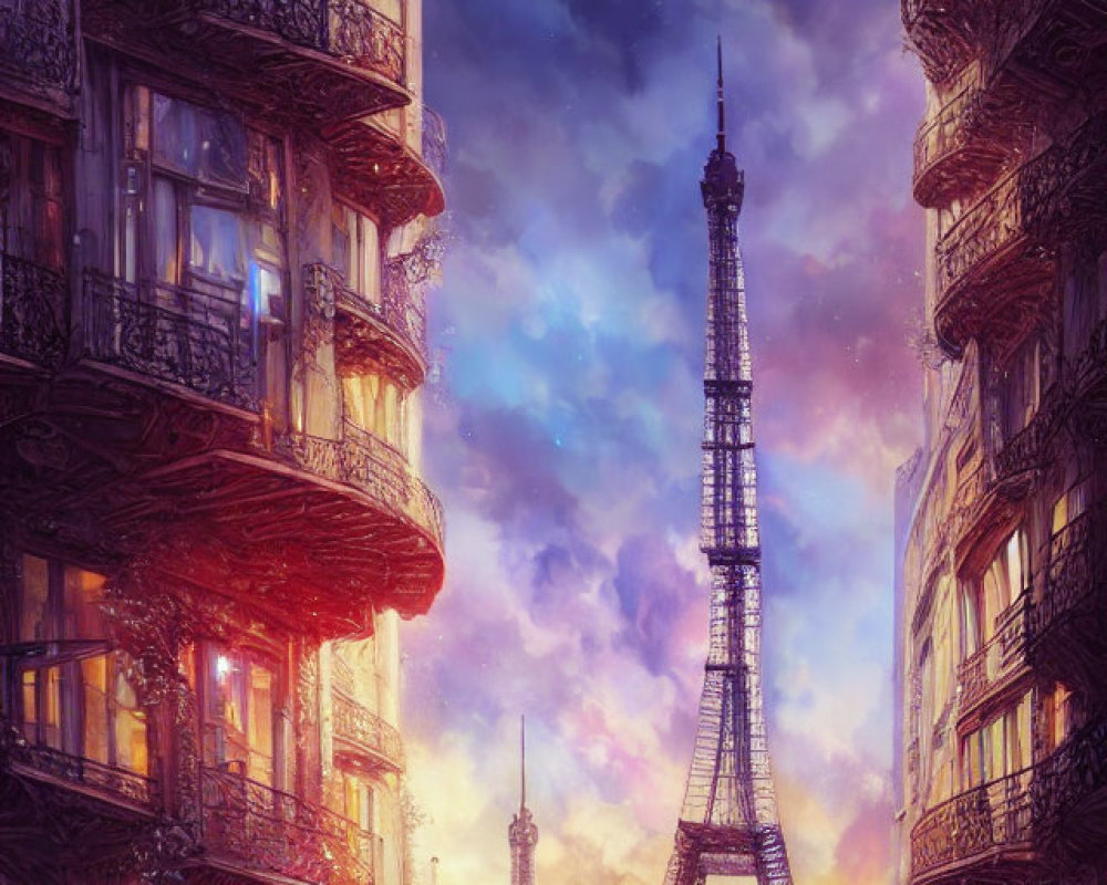 Parisian Street with Eiffel Tower and Horseback Couple at Dusk