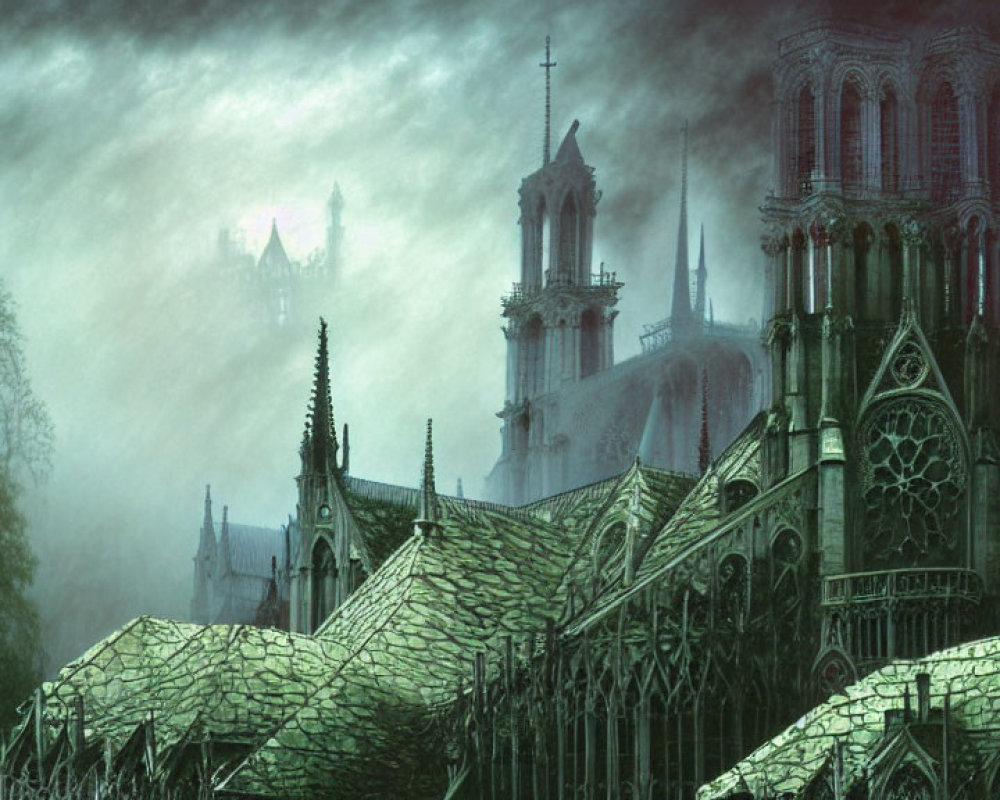 Gothic cathedral with eerie green glow in misty backdrop