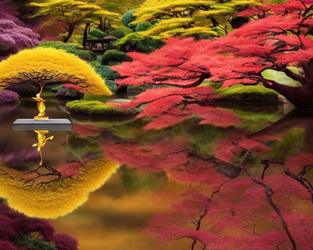 Tranquil Japanese Garden with Vibrant Trees and Stone Lantern