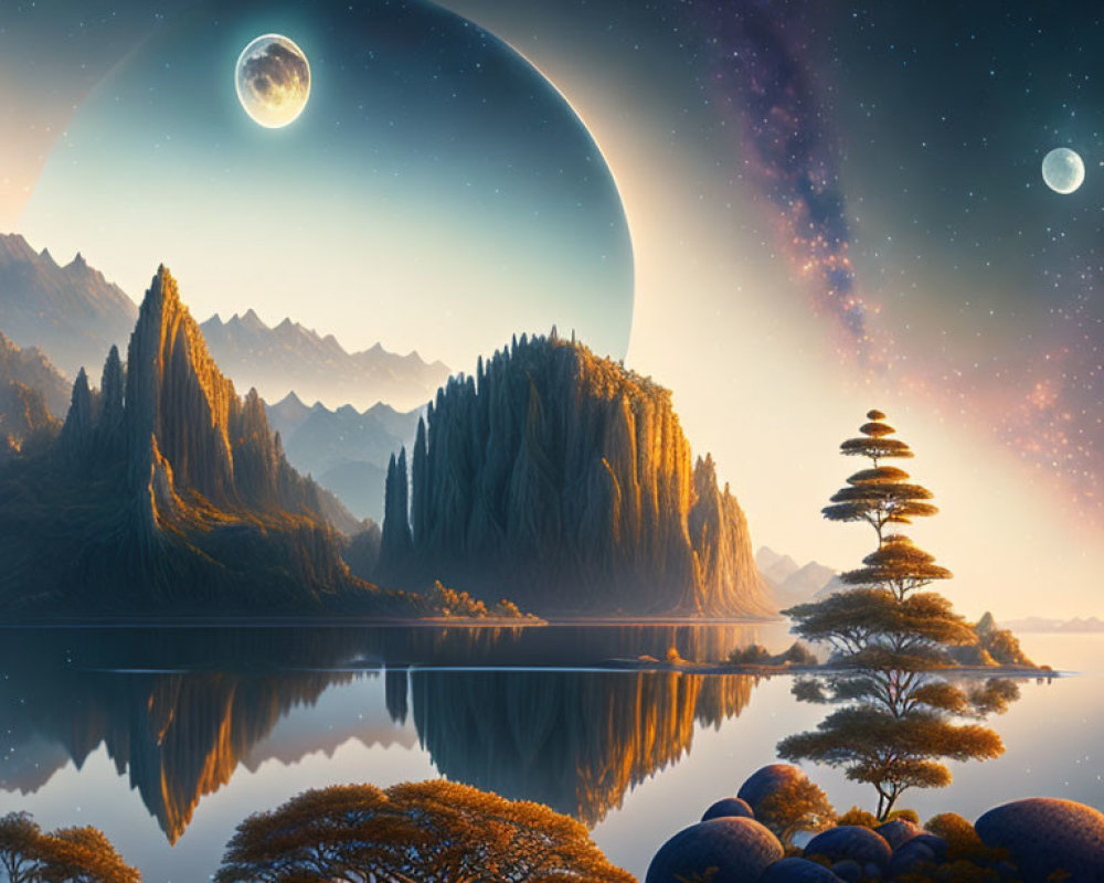 Fantasy landscape with towering rock formations, exotic trees, tranquil lake, and two moons