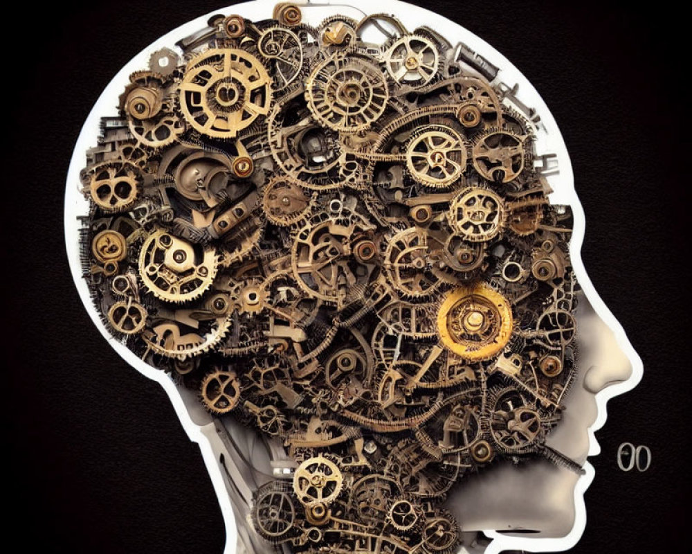 Profile silhouette with metallic gears and cogs on dark background symbolizing complex thinking.