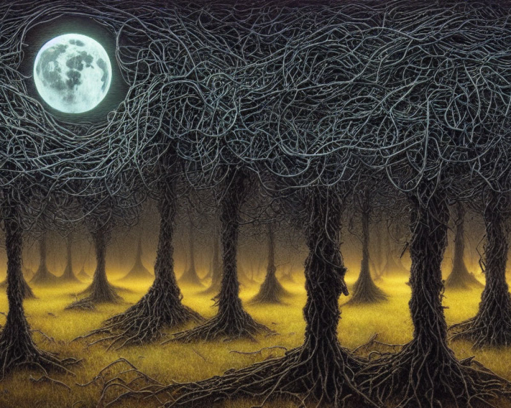Eerie full moon scene in dark twisted forest